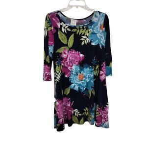3943)Junky Closet Women Blue Floral Print 3/4 Sleeve Side Pocket Tunic Dress M?